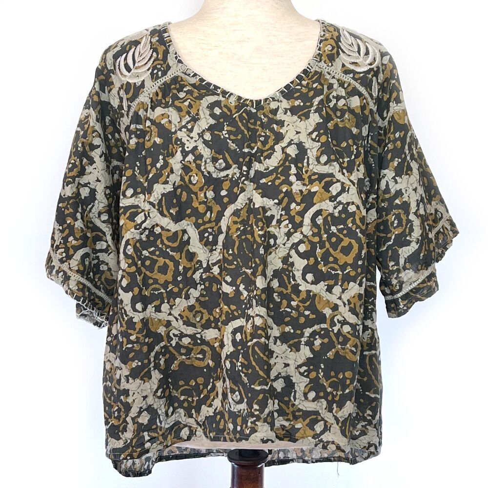 Sigrid Olsen Brown Embroidered Short Sleeve Cotton Top